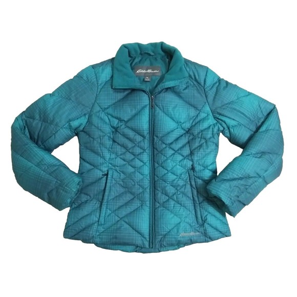 Eddie Bauer Women's Small Goose Down Jacket Green Plaid Puffer Quilted Ski Coat - Picture 1 of 11